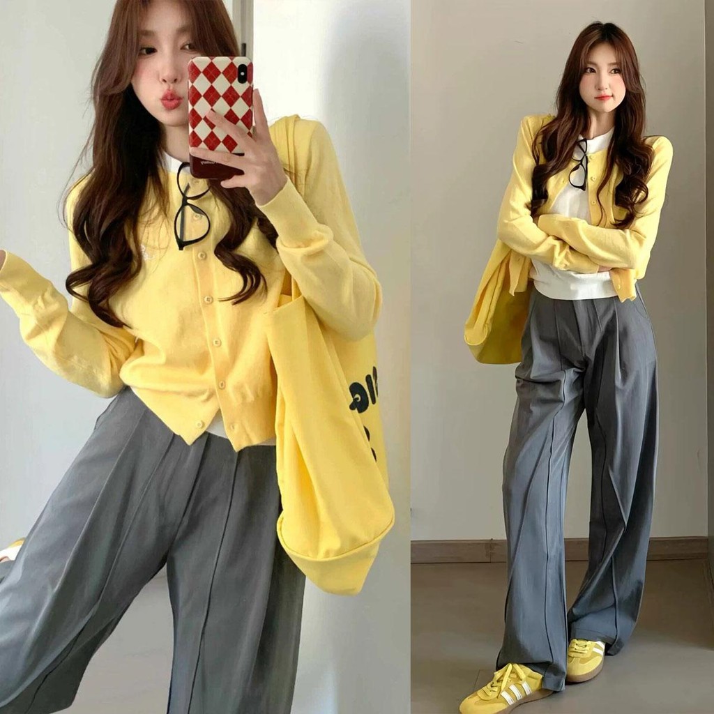 Dahong เสื้อแขนยาวไหมพรม Cardigan เสื้อไหมพรหมกันหนาวเนื้อนุ่มดีเทลลายสวยชัด คาร์ดิแกนคอกลม สไตล์เกหลี x601