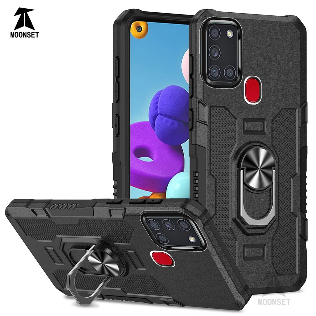 สําหรับ Samsung A21s กรณี Hard PC กลับ Soft TPU Edge กล้องป้องกันแหวนผู้ถือ Kickstand กันกระแทก Slim บางฝาครอบ