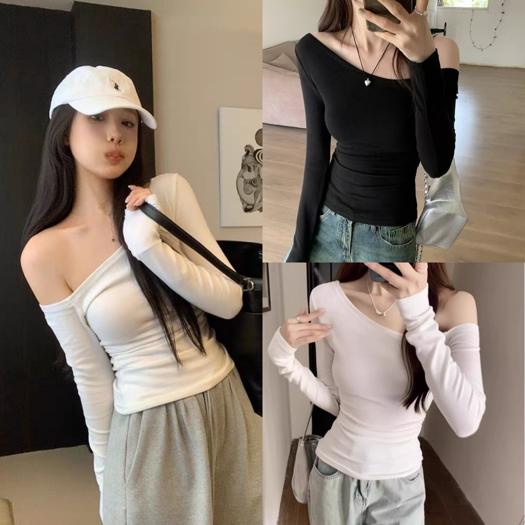 Beryl สไตล์หวานและเผ็ดไหล่เอียงเสื้อยืดแขนยาวผู้หญิงฤดูใบไม้ร่วงเข้ารูปพอดีเสื้อบอททอม