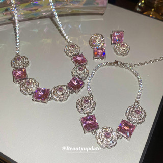 เพทายดอกไม้สี่เหลี่ยมสร้อยข้อมือสร้อยคอชุดแฟชั่นห่วงโซ่กระดู…