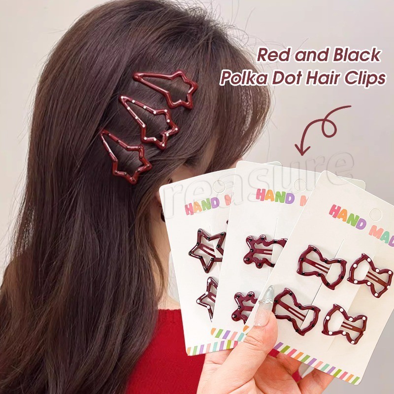 [ แนะนํา] กิ๊บติดผมลายจุดสีแดงสีดํา - เครื่องประดับผมสาวหวานเย็น - Heart BB Barrettes - กิ๊บเกาหลี - Y2K Metal BB Hairgrip