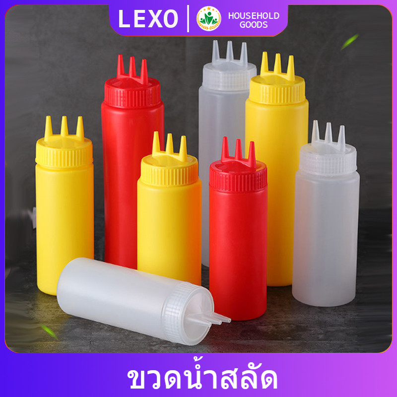 LEXO ขวดน้ำสลัด ขวดบีบซอสพลาสติก ขวดแยม 3 รู ฝาครอบ Condiment Squeeze Bottles