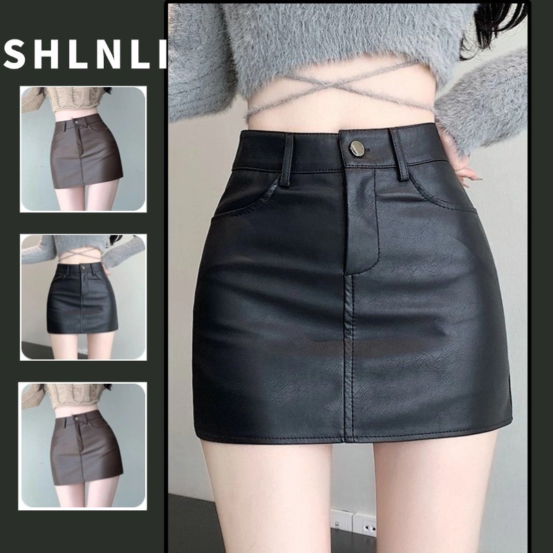 ฤดูใบไม้ร่วงและฤดูหนาวretro Minimalist Y2K Street Scalpกระโปรงสั้นสําหรับผู้หญิงPUหนังA-Lineห่อกระโปรงสะโพก