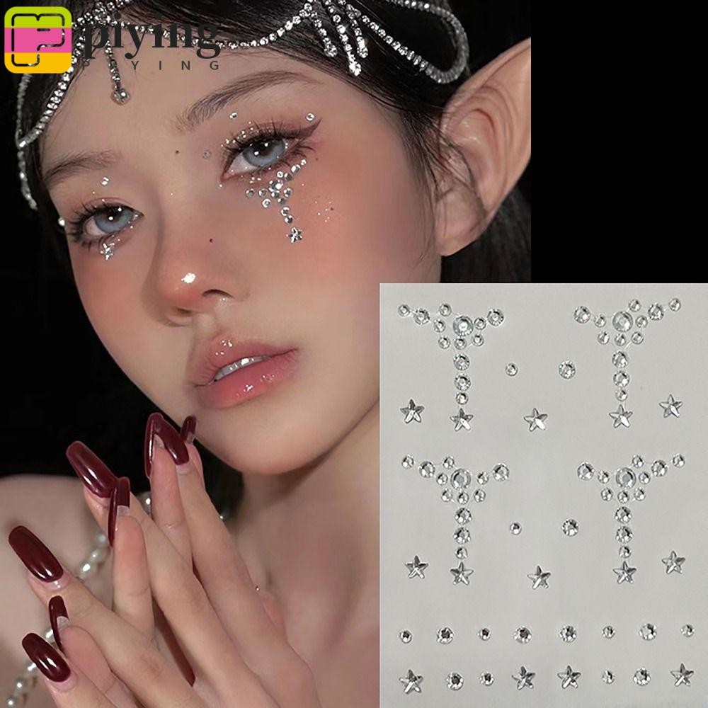 Piying สติ๊กเกอร์พลอย, กาวติดร่างกายแต่งหน้าสติกเกอร์เครื่องประดับใบหน้า, ดอกไม้ผีเสื้อประณีต Stars Hearts Face ตกแต่งสติกเกอร์อายแชโดว์เด็ก