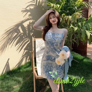 ชุดเดรสสั้นแขนกุดสายเดี่ยวพิมพ์ลายวินเทจสำหรับผู้หญิงในช่วงฤดูร้อน ชุดเดรสไปเที่ยวชายหาด