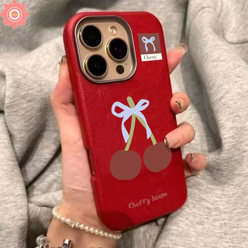 Creative น่ารักการ์ตูน Cherry Boom Bow Knot คู่สําหรับ IPhone 11 16 15 13 12 14 Pro Max 15 16 14 Plus XS XR X Max หรูหราหนังกรณี