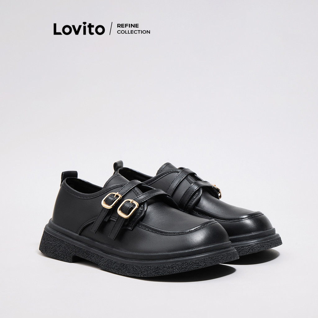 (Lovito Refine) ปุ่มคู่ธรรมดาสไตล์วินเทจธรรมดาปุ่มคู่หนา แต่เพียงผู้เดียว Oxfords อังกฤษและลูกไม้อัพสำหรับผู้หญิง LFA47105