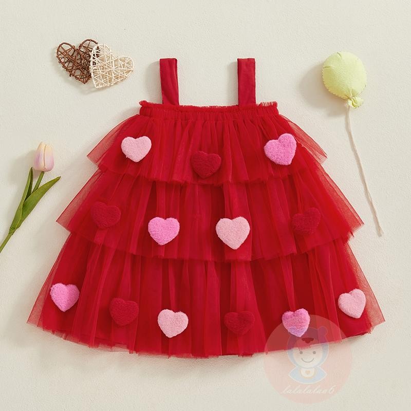 Laa6-1-9 ปีหญิง 3D Heart Tiered Ruffled Puffy Drape Hem A-Line ชุดวันวาเลนไทน์