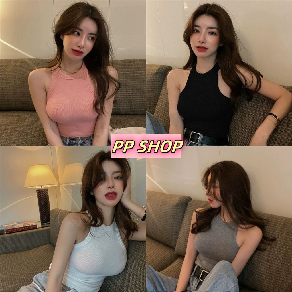 PP Shop​ ​พร้อมส่ง เสื้อกล้าม แขนกุดมีฟองน้ำ สีพื้น เซ็กซี่ ใส่สบาย คอกลมแฟชั่นฤดูร้อน ครอปกล้าม คล้องคอ เข้ารูป#FYC013