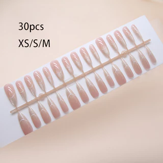 30pcs Cat Eye Series เล็บปลอมสั้นออกแบบธรรมดากดบนเล็บสีชมพู Nude Beige สีม่วง Pure สีนํากลับมาใช้ใหม่ได้