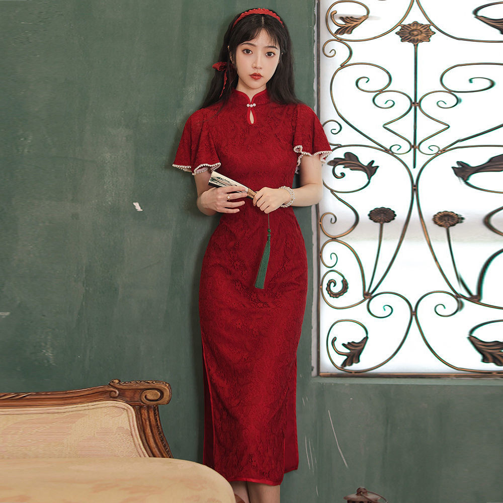 ขายร้อน! F & X cheongsam สีแดงย้อนยุคปรับปรุงใหม่ฤดูร้อนชุดเจ้าสาวชุดอารมณ์