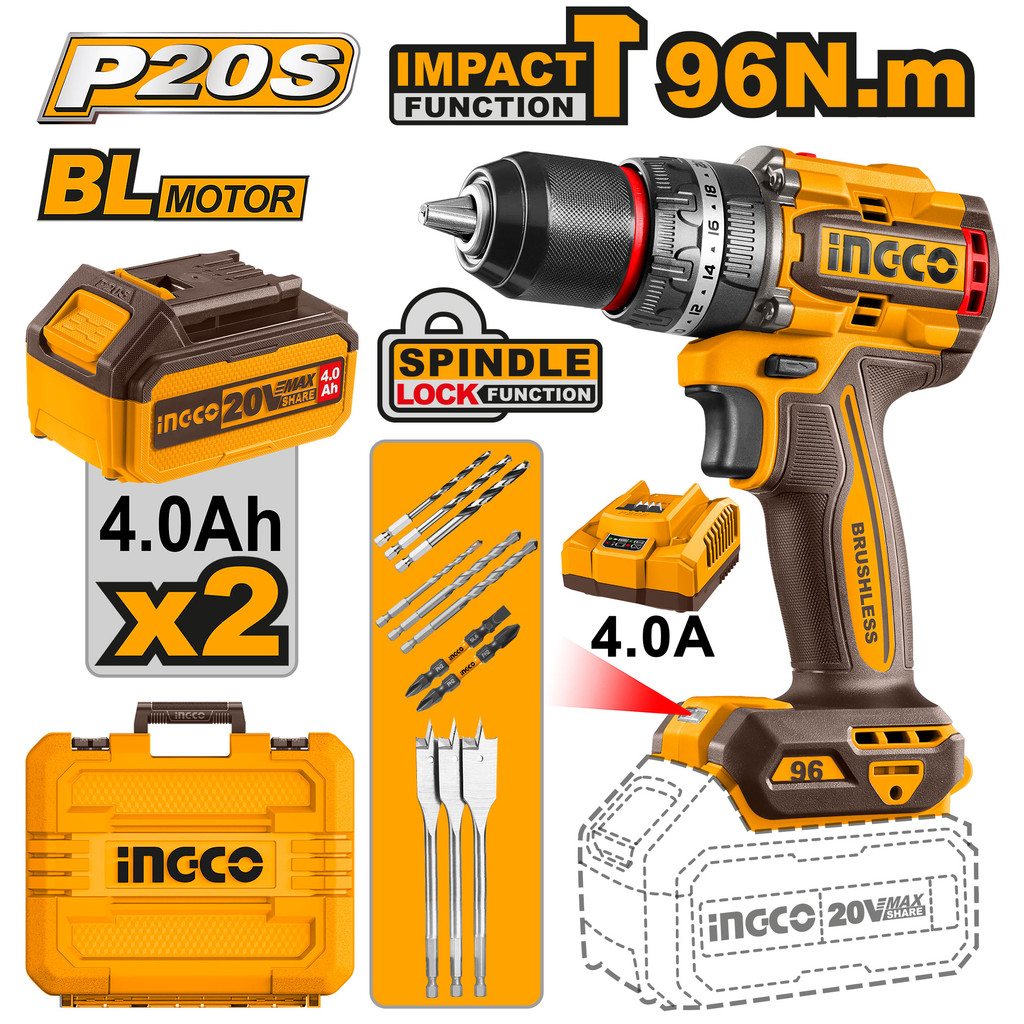 INGCO สว่านกระแทกไร้สาย 20V รุ่น 96Nm. รุ่น CIDLI20968 มอเตอร์ไร้แปรงถ่านBL MOTOR