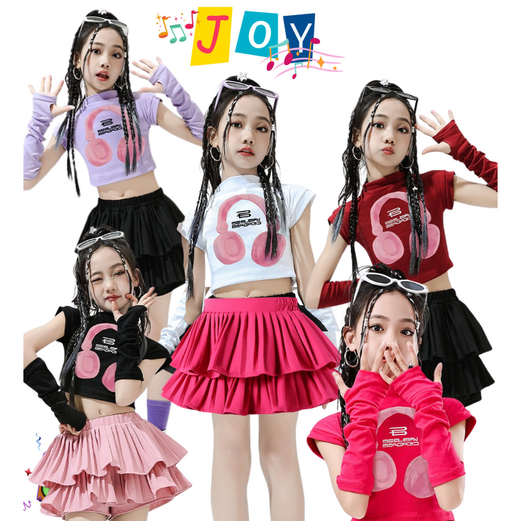 พร้อมส่ง ชุดเต้นเด็ก เสื้อหูฟัง พร้อมปลอกแขน /กระโปรงอัดพลีท