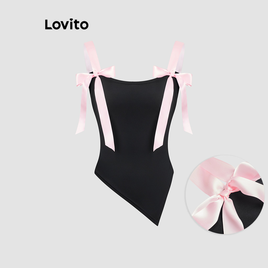 Lovito เสื้อกล้ามสีพื้นผูกโบว์สำหรับผู้หญิง L113MD262