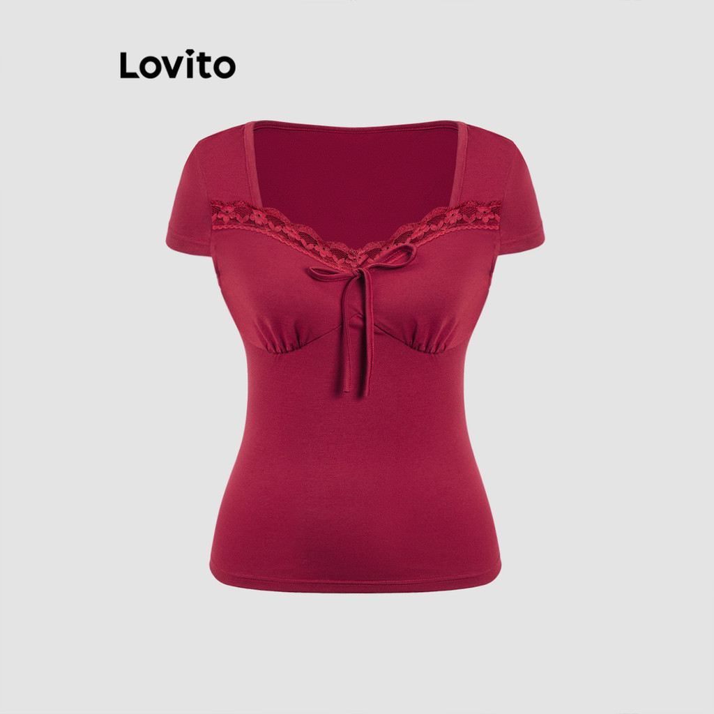 Lovito เสื้อยืดคอกลมระบายธรรมดาสำหรับผู้หญิง L112ED406