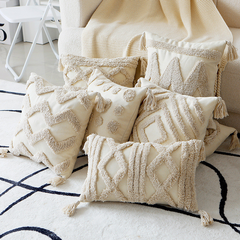 Boho ตกแต่งเบาะรองนั่ง 45x45 ซม./30x50 ซม.ผ้าฝ้ายธรรมชาติหมอนพู่สแควร์ตกแต่งบ้านสําหรับห้องนั่งเล่นเตียงห้อง