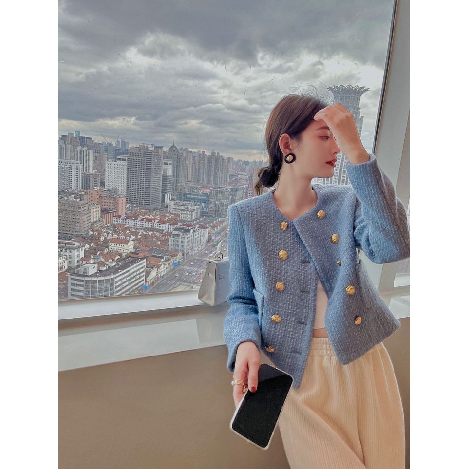 Heavy Industry หรูหราทอเสื้อสั้น Tweed หลวม Simple All-Match High-End ฤดูใบไม้ผลิฤดูใบไม้ร่วงสีฟ้าสไตล์เกาหลี Co
