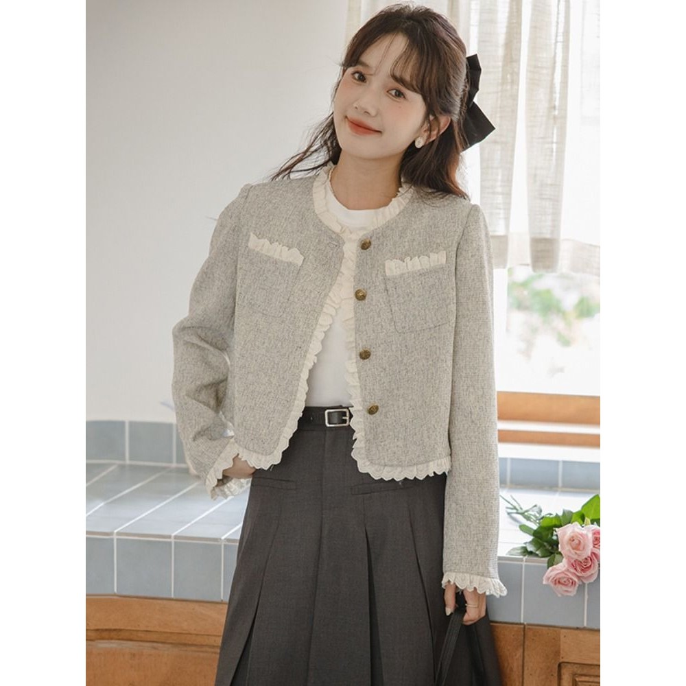 Retro Frenchทอแจ็คเก็ตผู้หญิงฤดูใบไม้ร่วงฤดูหนาวสไตล์ใหม่อารมณ์หวาน Simple All-Match Top สไตล์สั้นแฟชั่นลดอายุเสื้อขนาดเล็กผู้หญิง