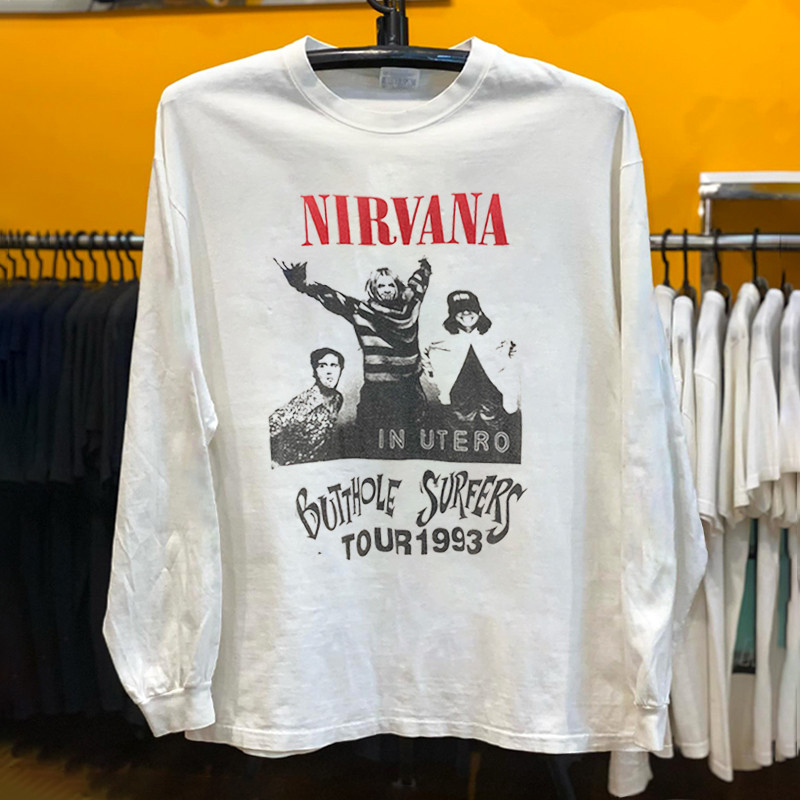 ผ้าฝ้าย 100% อเมริกันผ้าฝ้ายแท้สวมใส่ที่ไม่ซ้ํากัน Nirvana Band เสื้อยืดแขนยาววินเทจ Hip-Hop High St
