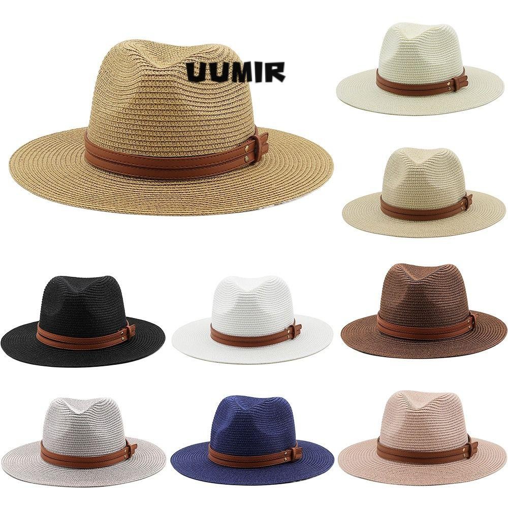 Uumir หมวกฟาง, หมวกปานามาฤดูร้อนแบบพับได้, แถบหนังปีกกว้างธรรมชาติชายหาดหมวกกันแดดผู้หญิง/ผู้ชาย