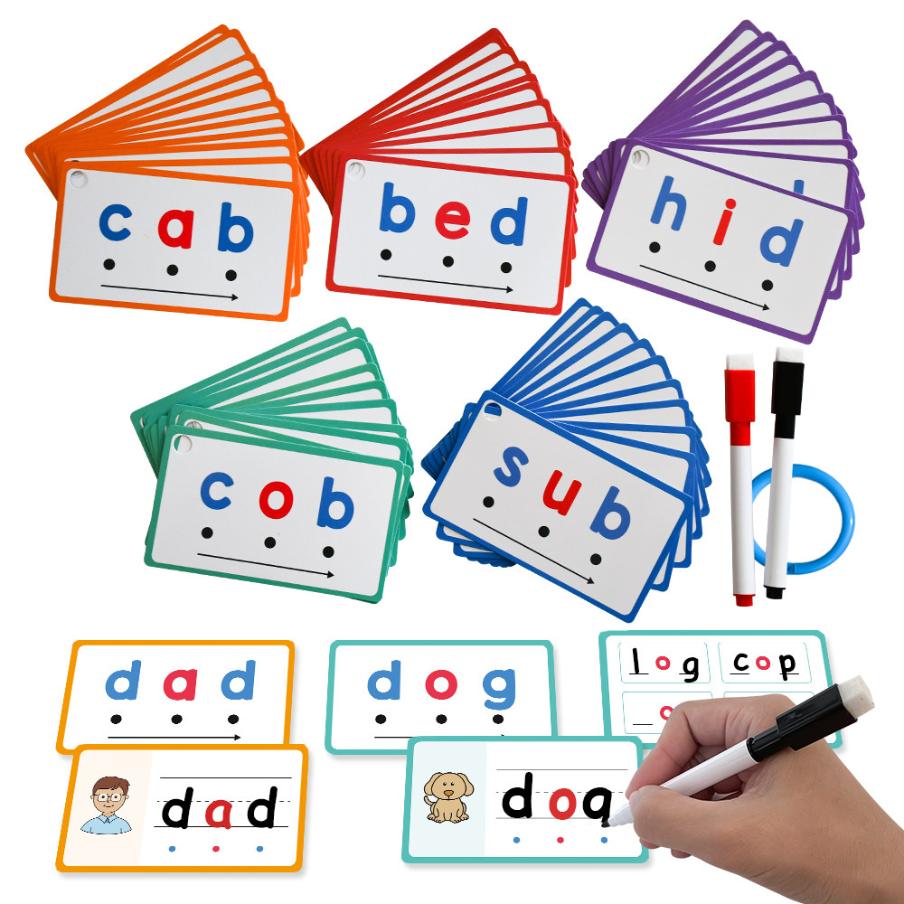 60 ชิ้น Phonics CVC Words ภาษาอังกฤษ Flashcards สําหรับเด็กเด็กอนุบาล Sight Words Spelling แห้งลบการศึกษาการเรียนรู้การ์ดช่วยสอน
