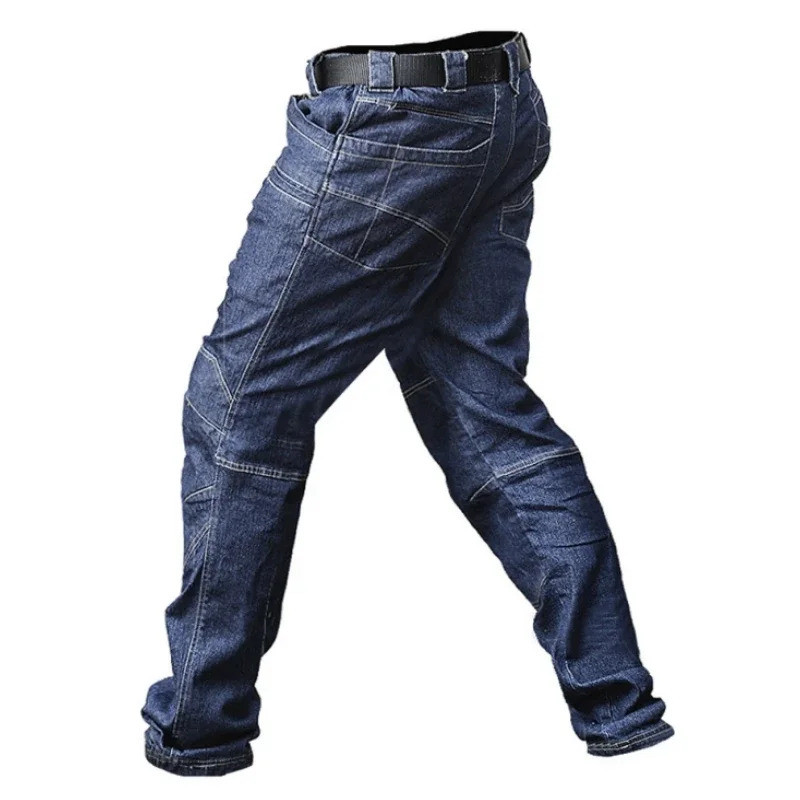 ZH Ready StockTactical Cargo Jeans Work Pants Men Outdoor Sports Elastic Straight Wear-resistant Multi-pocket Military Combat Denim Pants
