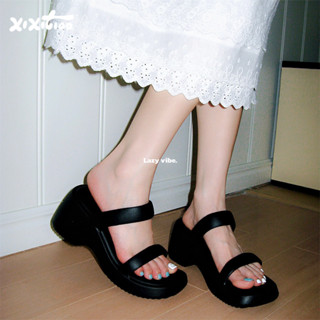 ฉี่ รองเท้าแตะรองเท้าแตะเพิ่มความสูงส้นคู่สีทึบกลางแจ้งฤดูร้…