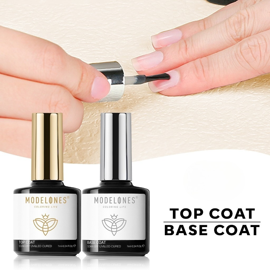Modelones เบส+ท็อปเจล 10ml x2 ไม่ต้องเช็ด เงาใส ติดทน สูตรใหม่ Soak Off UV LED Base Top Coat
