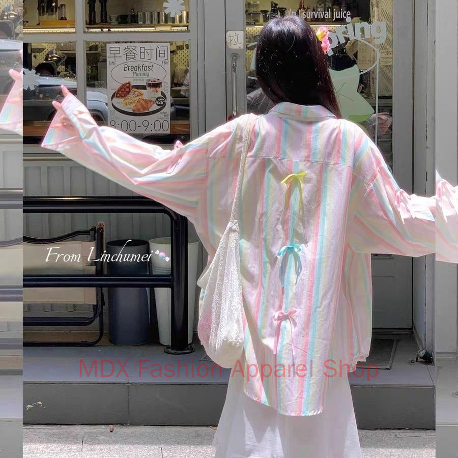เสื้อกันแดด Dopamine Sweet Rainbow Stripe - ผู้หญิงฤดูร้อน - เสื้อดีไซน์โบว์ประกบ