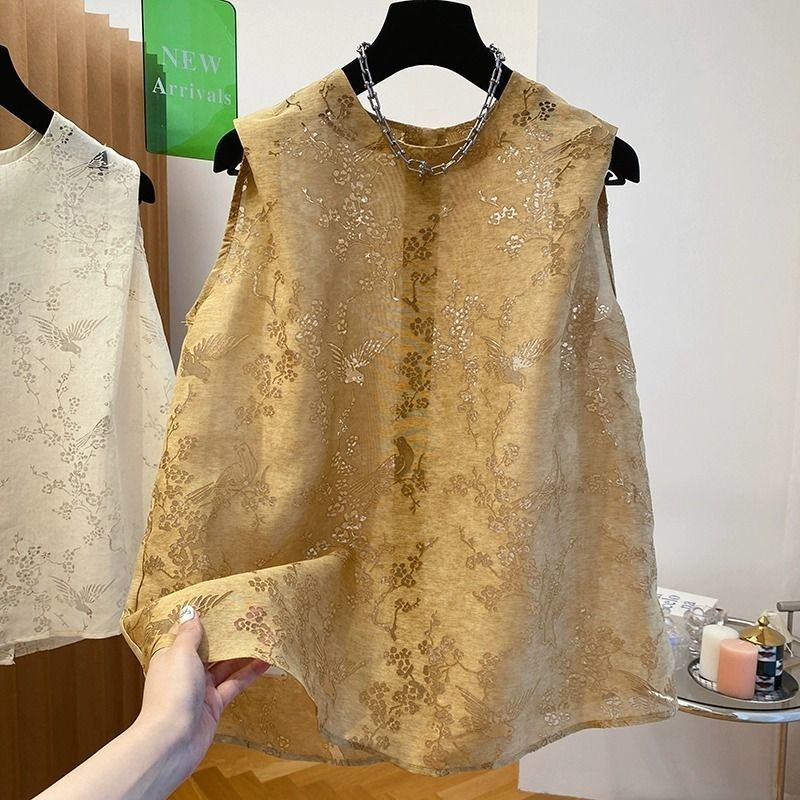 High-End ผ้าลินิน Ramie แขนกุดผู้หญิงสไตล์ใหม่ Hollow Lace Jacquard แฟชั่นที่สวยงามเสื้อขนาดเล็กเสื้อกั๊กขนาดเล็ก