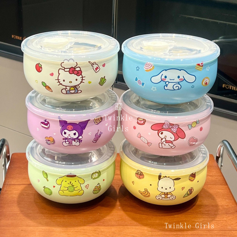 ของแท้ Kuromi Cinnamoroll 316ชามสแตนเลสที่มีฝาปิดชามข้าวเด็กฉนวนกันความร้อนป้องกันการวางชามก๋วยเตี๋ยว Hello Kitty ของฉัน Melody ชามซุปเด็กบนโต๊ะอาหาร
