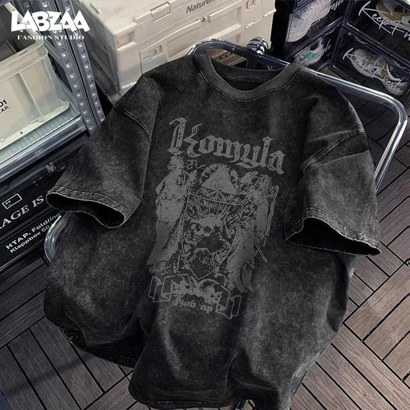 เสื้อยืด oversize⚡คอกลมแขนสั้น วินเทจฟอกน้ำ ใส่สบาย ไม่ต้องรีด แนวสตรีทแฟชั่น ลายหัวกะโหลก แฟชั่นฮิปฮอป cotton 100% YG827