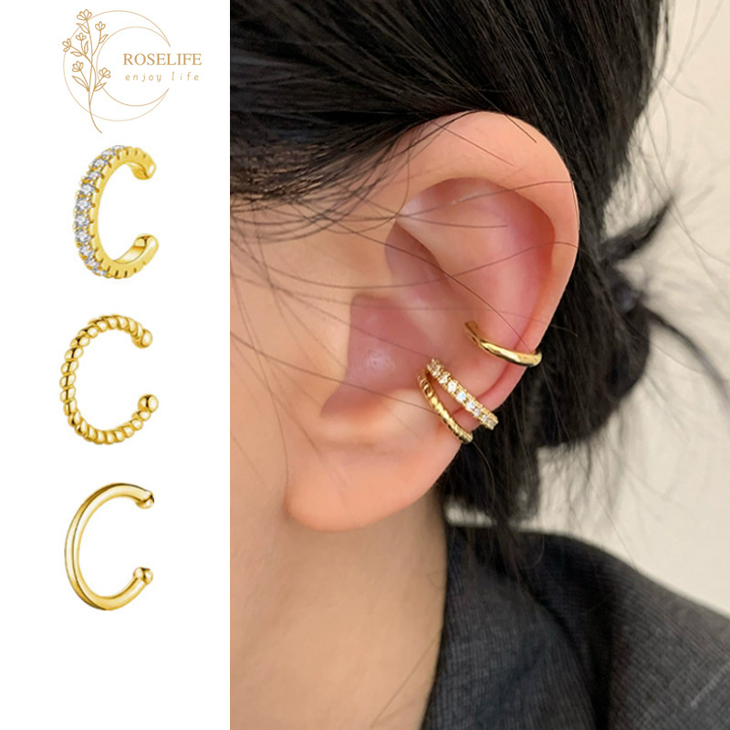 Roselife 3 PCs 14K Gold อินเทรนด์ Minimalist เรขาคณิตคริสตัลวงกลมคลิปต่างหูผู้หญิงผู้ชายไม่เจาะทุกวันสะดวกหูคลิปชุดเครื่องประดับ