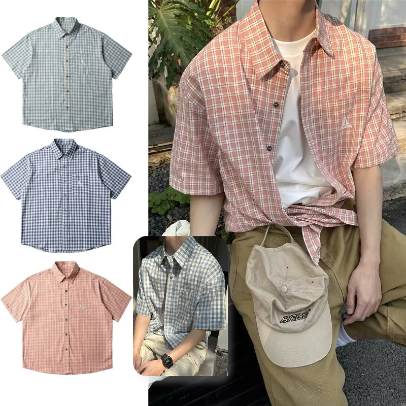 PannoFluxus ใหม่เสื้อลายสก๊อตแขนสั้นแฟชั่นอเมริกันย้อนยุคหลวมสบายๆคุณภาพสูงสไตล์เป็นกลาง