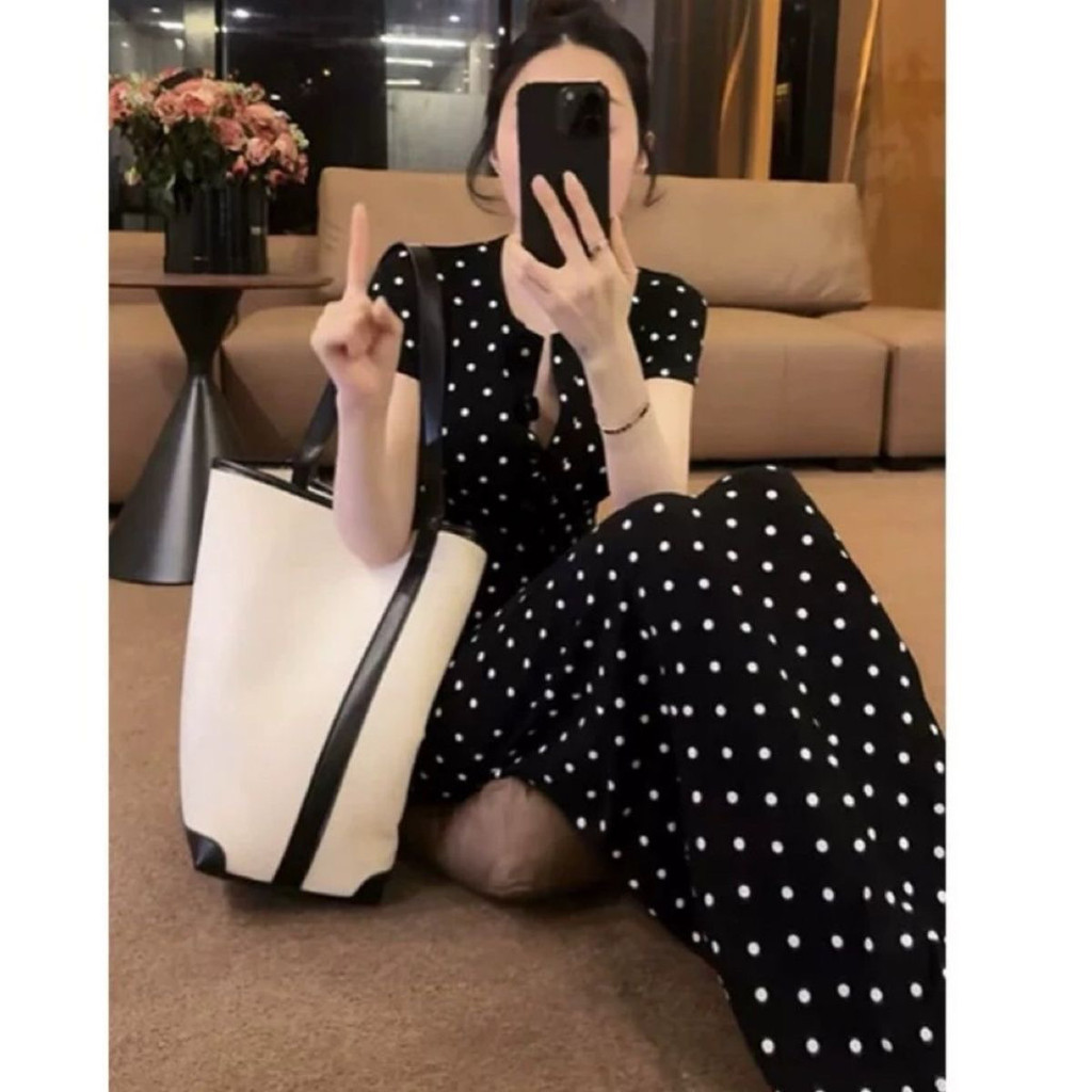High-End ฝรั่งเศสสไตล์ตะวันตกยาว Polka Dot ชุดครอบคลุมเนื้อ Slim-fit Casual ดอกไม้แคบ-เอวกระโปรงยาวยืดหยุ่น