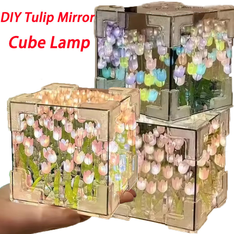 ทิวลิปดอกไม้ ทําเอง โคมไฟกระจกลูกบาศก์ / แบตเตอรี่ชาร์จ ยูเอสบี ทิวลิปกระจกไฟกลางคืน