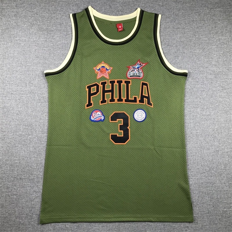 ผู้ชาย Phaladephia 76ers Allen Iverson Jersey Basketball Army Green Jersey