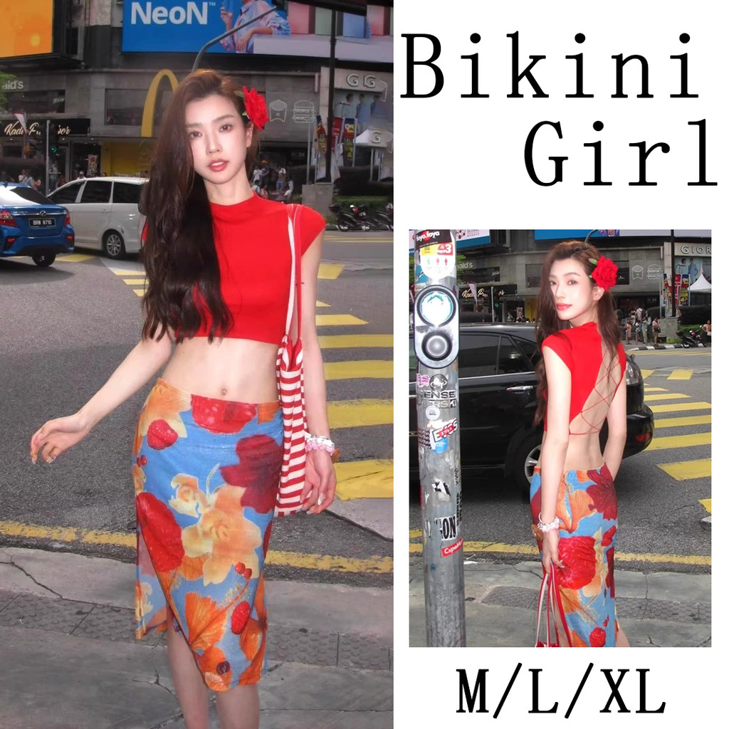 ชุดว่ายน้ําแฟชั่น   beachwear  กระโปรงยาววินเทจสีแดง  ลายดอกไม้ ทรงสลิมฟิต