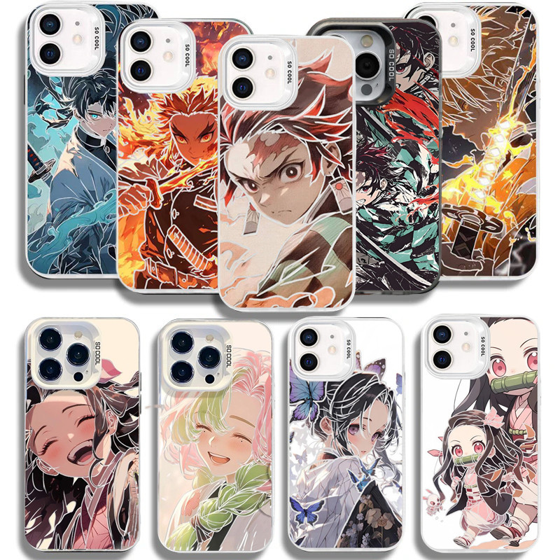 โทรศัพท์มือถือสําหรับ iPhone 16E 11 15 16 Pro Max Plus ฝาครอบ Anime Demon Slayer IMD Frosted 2 in 1 Glow Luxury Matte Hard