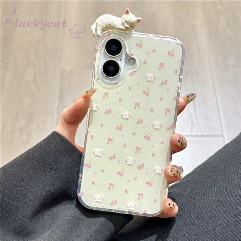 Iphone 16 15 14 13 12 11 Pro Max X Xr Xs Max 7 8 Plus SE2020 เคสโทรศัพท์สดน่ารัก 3D DIY หูสีชมพูแมวสีขาวรูปแบบ Clear Soft ฝาหลัง