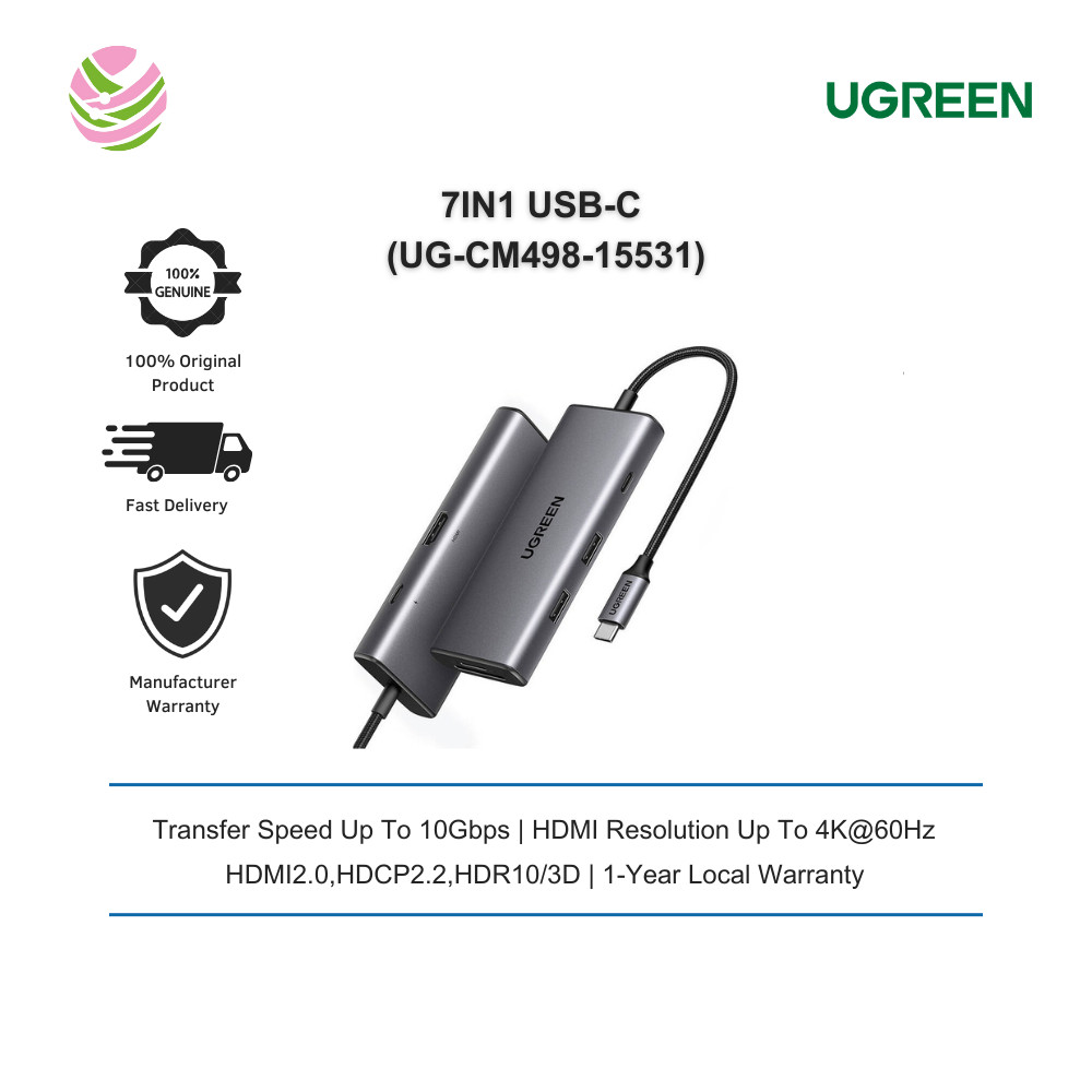 UGREEN 7IN1 USB-C ถึง HDMI+2*USB 3.2 A+ USB-C 3.2+SD/TF+PD Converter (UG-CM498-15531)