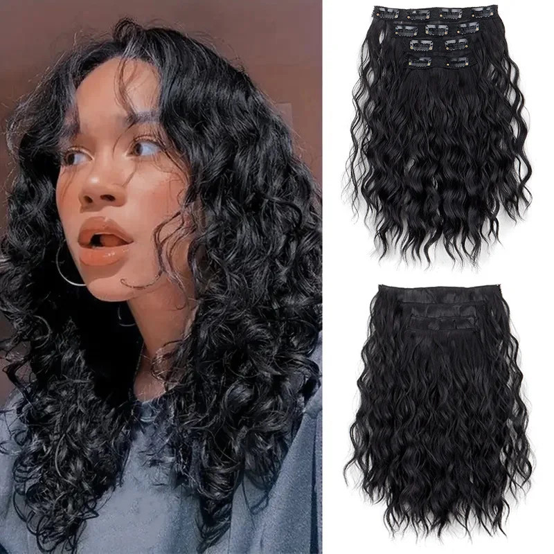 4 ชิ้น/เซ็ต 12 นิ้วสังเคราะห์ Clip-in สั้น Wave Curly Hair Extension ผมเส้นใยปุยสีดําผสมสีน้ําตาล Hairpiece สําหรับผู้หญิง