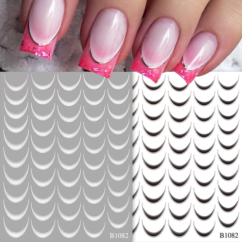 3d French Line สติ๊กเกอร์ติดเล็บสีขาวสีดําเส้น Sliders เล็บสติกเกอร์กาว