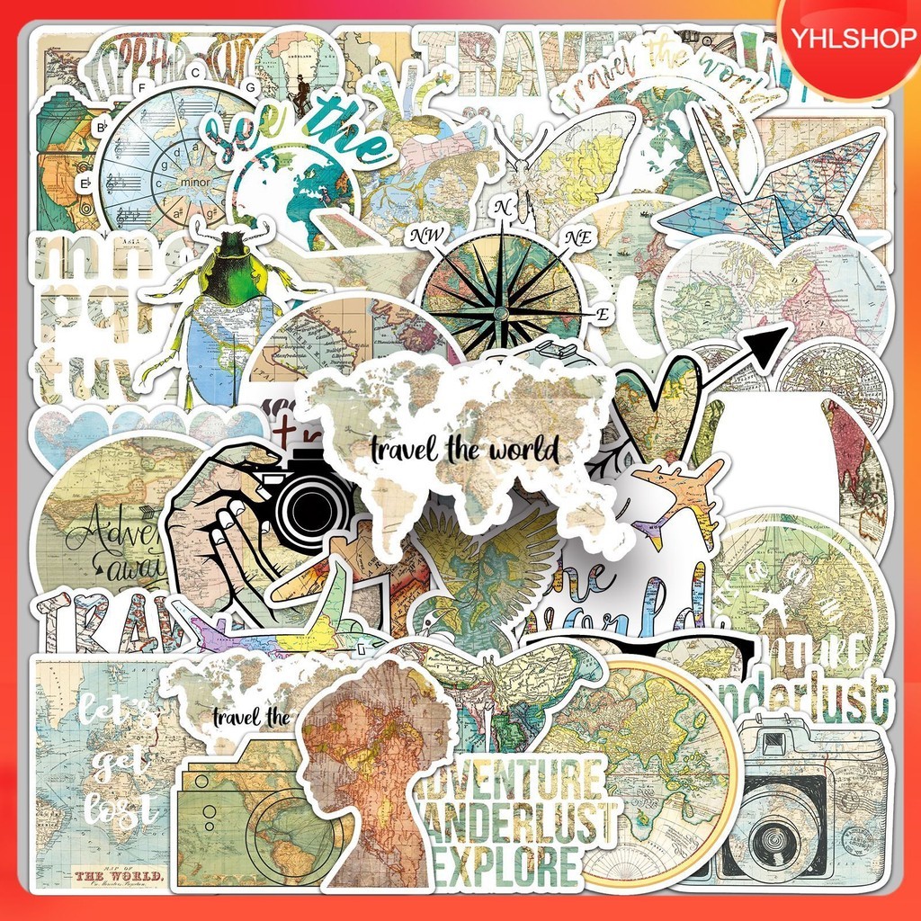 YHL 50แบบบ สติกเกอร์ ท่องเที่ยว ย้อนยุค สไตล์แผนที่โลก Travel world map sticker art retro พร้อมส่ง
