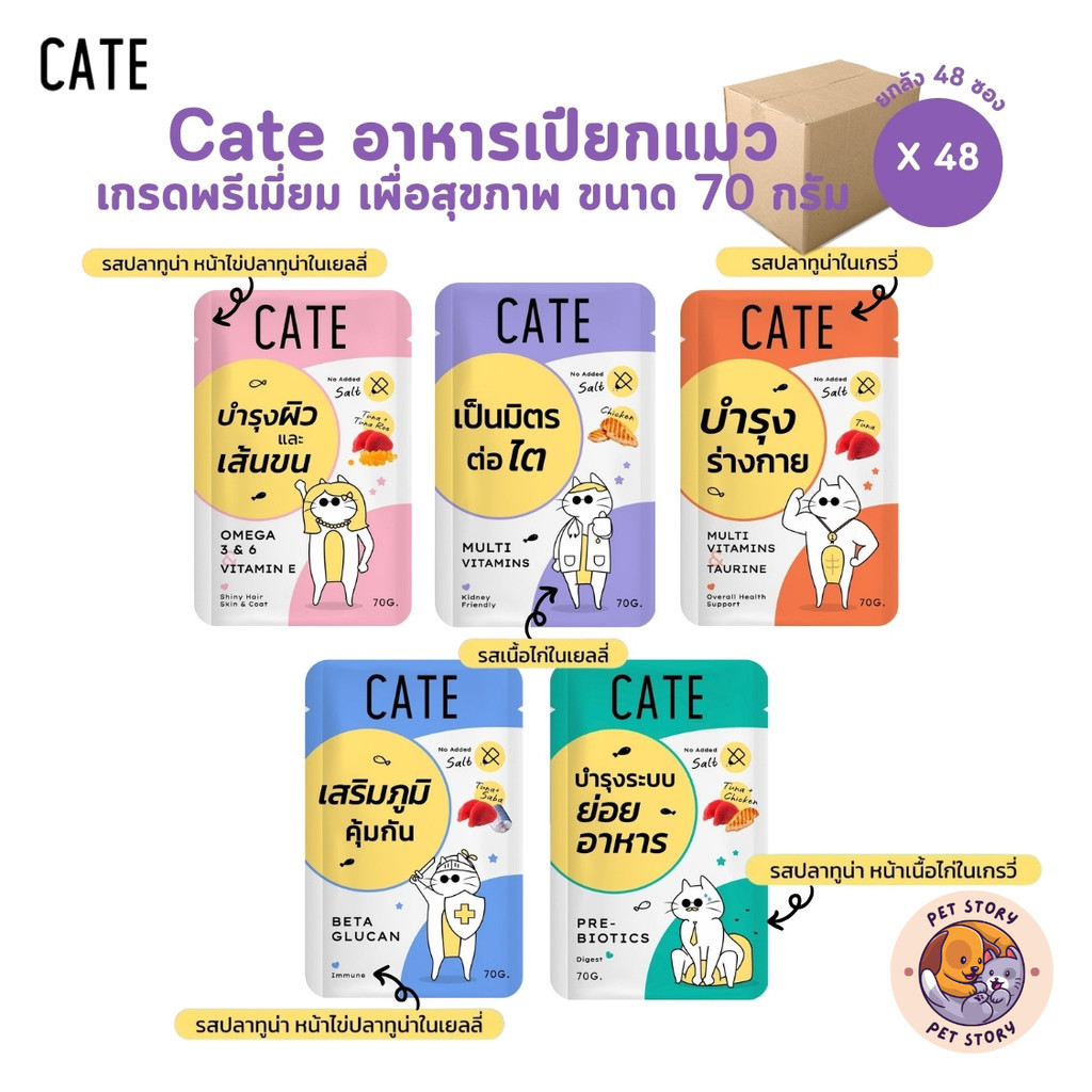 CATE เคท [48 ซอง] อาหารเปียกแมว เกรดฟรีเมี่ยม เพื่อสุขภาพ มี 5 สูตร ขนาด 70 กรัม