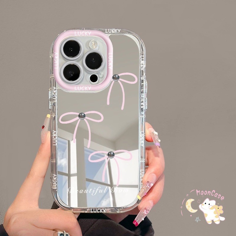 เคสไอโฟน15 สีชมพู โค้งคำนับ สำหรับ IPhone 13 11 15 16 14 12 Pro Max X XS XR 8Plus 7Plus Max 8 7 Plus SE พื้นผิวกระจก เคส