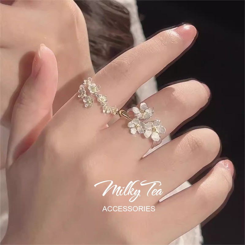 MilkyTea หวานสามมิติดอกไม้สีทองแหวน Elegant Lady ประณีตแฟชั่น Stackable All-Match เปิดแหวน Gentle Gi