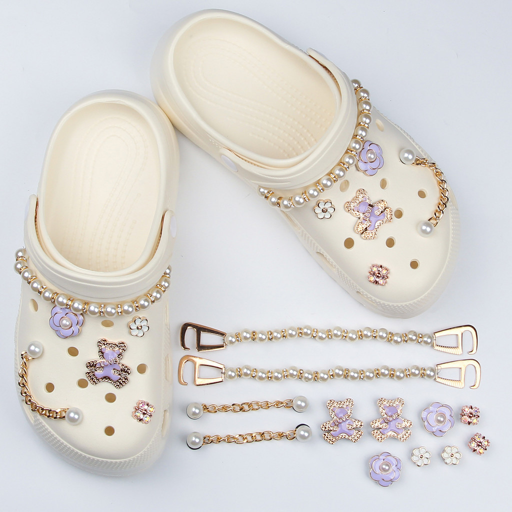 ชุดหมีโซ่มุกสีม่วง DIY jibbits crosc Charm รองเท้าอุปกรณ์ชายหาดพร้อมการออกแบบรูข้าม