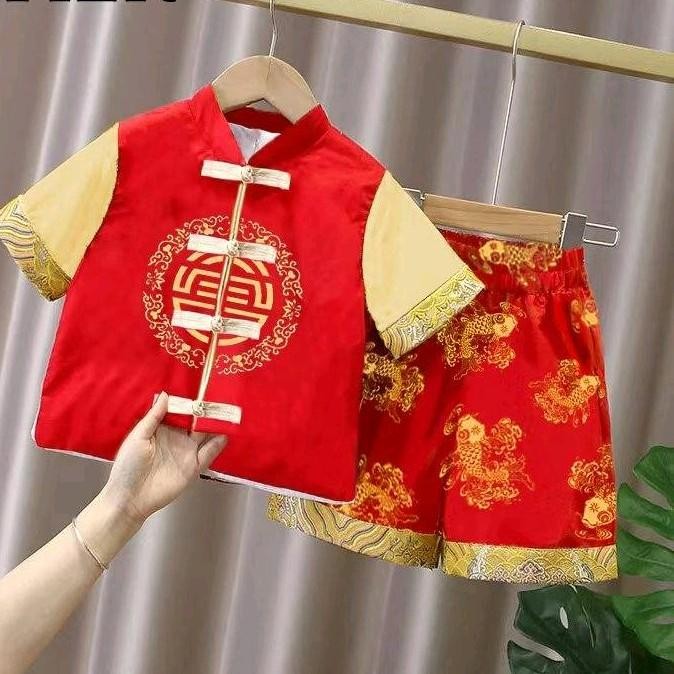 PINKชุดเซ็ทเด็กชาย ตรุษจีน สีแดงมงคล เสื้อ+กางเกงขาสั้น รุ่น3988