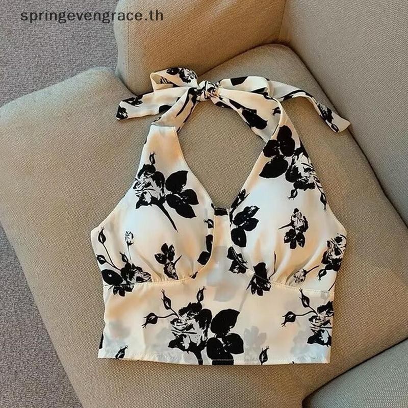 Springevengrace ฤดูร้อน Floral Camisole ผู้หญิงเซ็กซี่ Halter แขนกุด Backless Slim Top ใหม่
